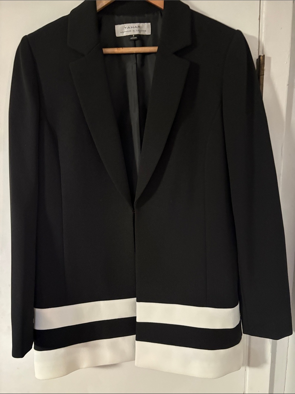 Tahari Black Blazer with White Striped Hem. Size 6.